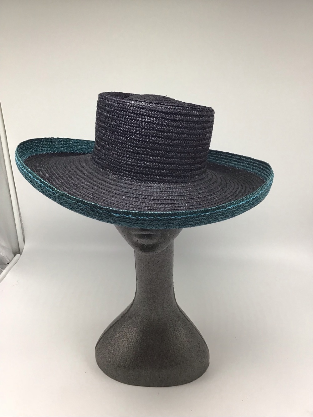 Wide Brim Straw Hat with Teal Trim